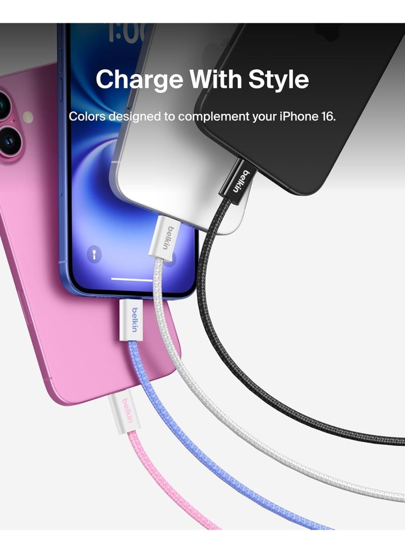 بيلكين عبوة 2 كابل USB-C إلى USB-C مضفر بطول 1.5 م بقدرة 60 واط - كابل لين ومرن وسريع الشحن وكابل بمنفذ Type C مناسب لأجهزة iPhone 16 وiPhone 15 وأجهزة Galaxy S25 وأجهزة Pixel 9 وأجهزة iPad Pro وغيره - أبيض - Image 3