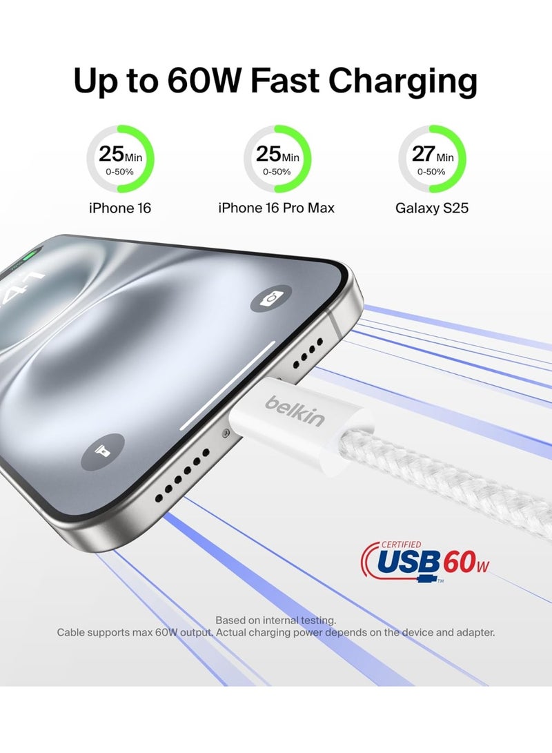 بيلكين عبوة 2 كابل USB-C إلى USB-C مضفر بطول 1.5 م بقدرة 60 واط - كابل لين ومرن وسريع الشحن وكابل بمنفذ Type C مناسب لأجهزة iPhone 16 وiPhone 15 وأجهزة Galaxy S25 وأجهزة Pixel 9 وأجهزة iPad Pro وغيره - أبيض - Image 2