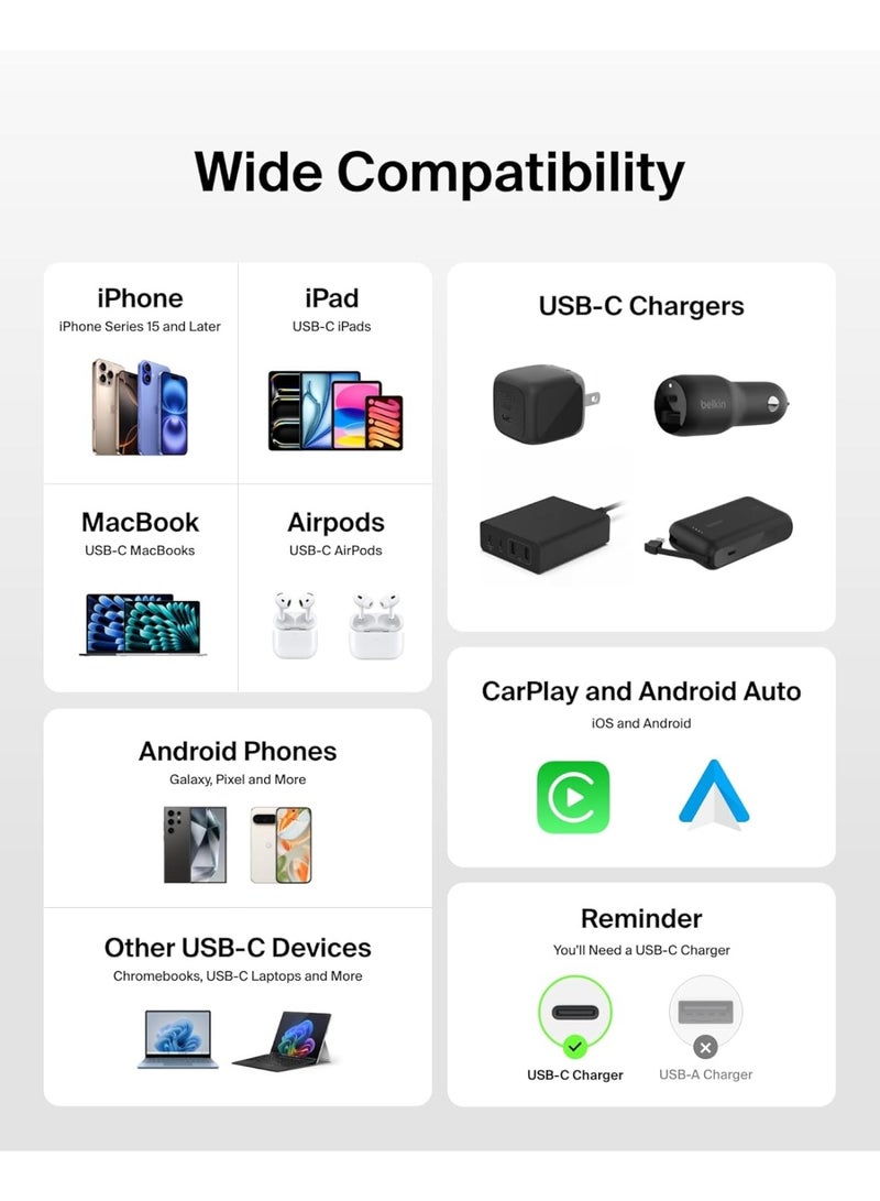بيلكين عبوة 2 كابل USB-C إلى USB-C مضفر بطول 1.5 م بقدرة 60 واط - كابل لين ومرن وسريع الشحن وكابل بمنفذ Type C مناسب لأجهزة iPhone 16 وiPhone 15 وأجهزة Galaxy S25 وأجهزة Pixel 9 وأجهزة iPad Pro وغيره - أبيض - Image 5
