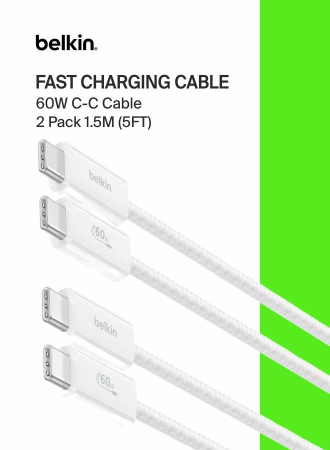 بيلكين عبوة 2 كابل USB-C إلى USB-C مضفر بطول 1.5 م بقدرة 60 واط - كابل لين ومرن وسريع الشحن وكابل بمنفذ Type C مناسب لأجهزة iPhone 16 وiPhone 15 وأجهزة Galaxy S25 وأجهزة Pixel 9 وأجهزة iPad Pro وغيره - أبيض - Image 1