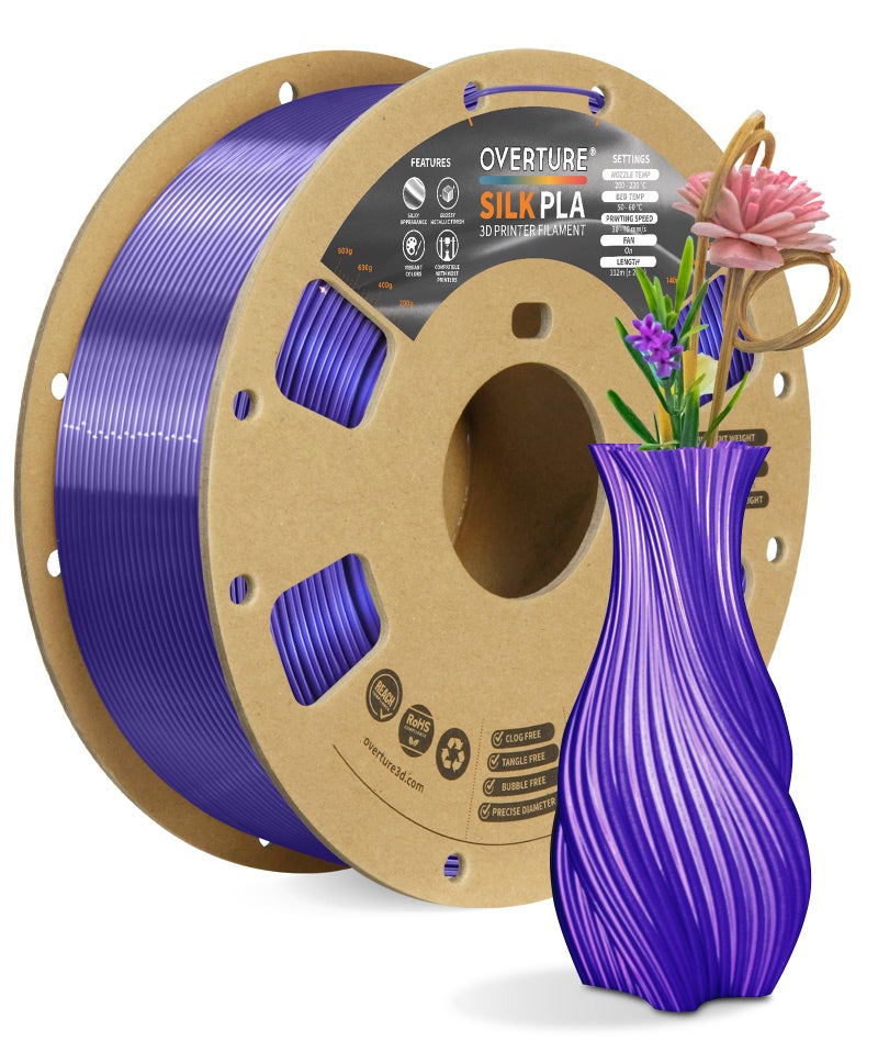 OVERTURE Silk PLA Filament 175mm ClogFree Shiny Metallic Shine 3D Printer Filament 1kg Spool 22lbs Ideal for Cosplay Jewelry Home Decor Silk Purple