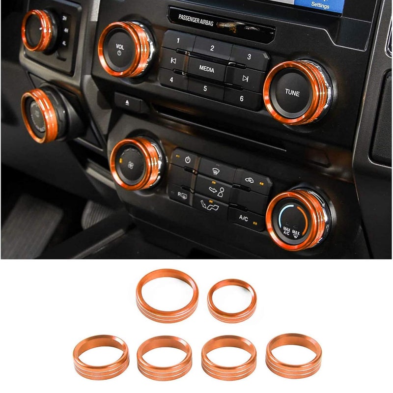 Keptrim for F150 Air Conditioner Switch & Trailer & 4WD & VOL Knob Button Trim for Ford F150 XLT 2016 2017 2018 2019, Orange Aluminum, 6pcs (Not for 2021 2022) - Image 1