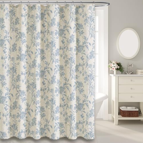 Blue Shower Curtain Floral Cotton Linen Cottagecore Shower Curtain for Bathroom 72 W x 72 L