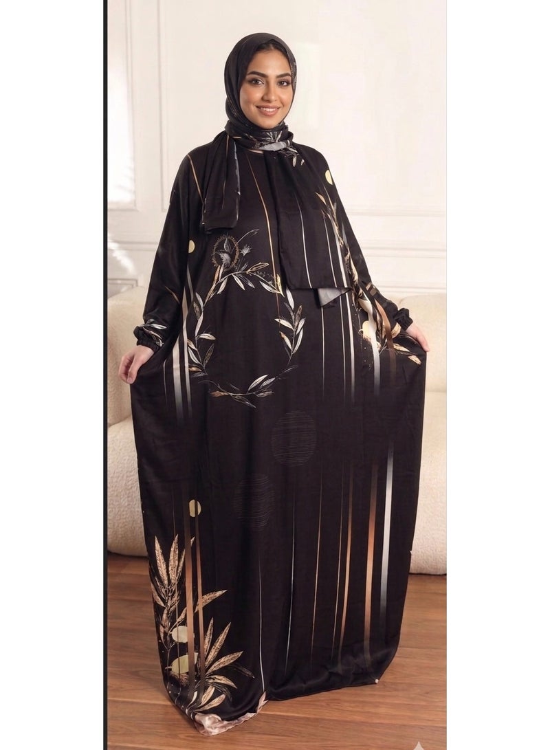 prayer isdal,black with floral print,soft fabric,160cm length,one size - Image 1