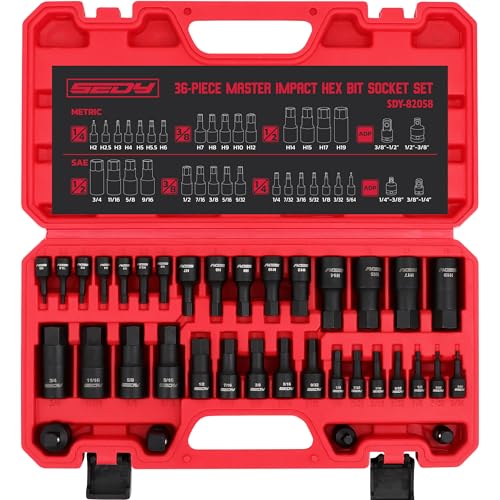 SEDY Hex Bit Impact Socket Set: 36-Piece with 4 Adapters, 1/4" 3/8" 1/2" Drive Master Allen Impact Socket Set, SAE and Metric, H5-H19 & 3/4"-5/64", Heavy Duty Storage Case, Automotive Mechanic - Image 1