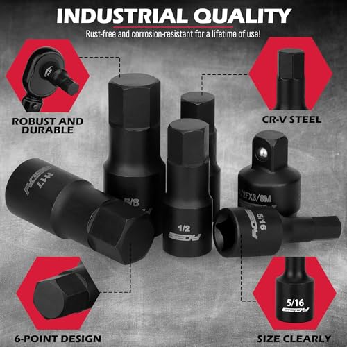 SEDY Hex Bit Impact Socket Set: 36-Piece with 4 Adapters, 1/4" 3/8" 1/2" Drive Master Allen Impact Socket Set, SAE and Metric, H5-H19 & 3/4"-5/64", Heavy Duty Storage Case, Automotive Mechanic - Image 5