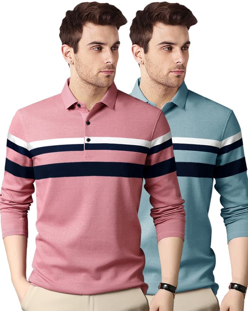 Noble Monk Men's (Combo Pack of 2) -Regular Fit Polo T Shirt|Full Sleeves |Collar Tshirts | Casual T-Shirt for Men - Image 1