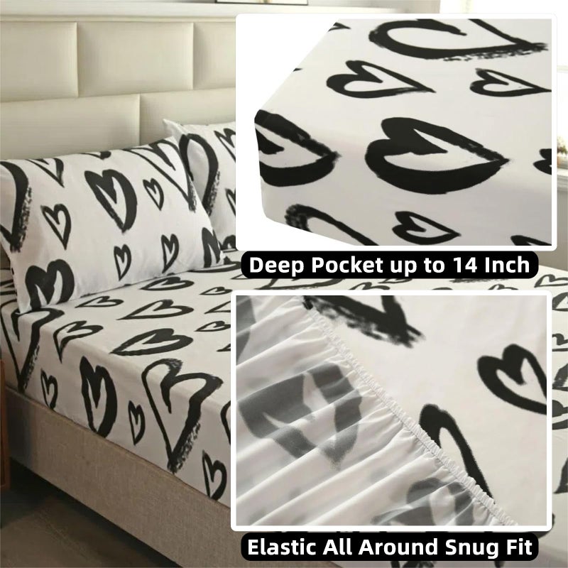 SDIII 4PCS Love Heart Sheets Set Queen, Soft Microfiber Black and White Heart Bed Sheets Queen, Romantic Hearts Bedding Sheet Deep Pocket All Season - Image 4
