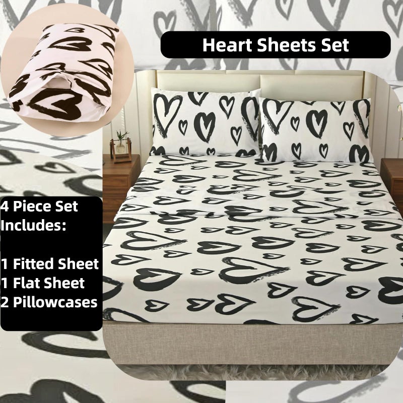 SDIII 4PCS Love Heart Sheets Set Queen, Soft Microfiber Black and White Heart Bed Sheets Queen, Romantic Hearts Bedding Sheet Deep Pocket All Season - Image 2