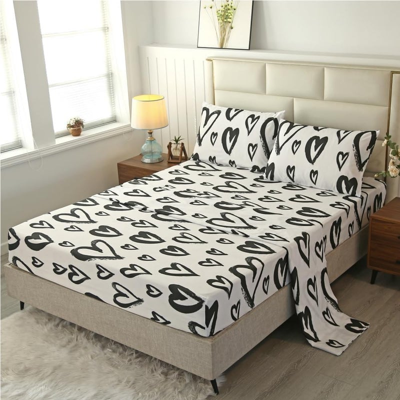 SDIII 4PCS Love Heart Sheets Set Queen, Soft Microfiber Black and White Heart Bed Sheets Queen, Romantic Hearts Bedding Sheet Deep Pocket All Season - Image 1