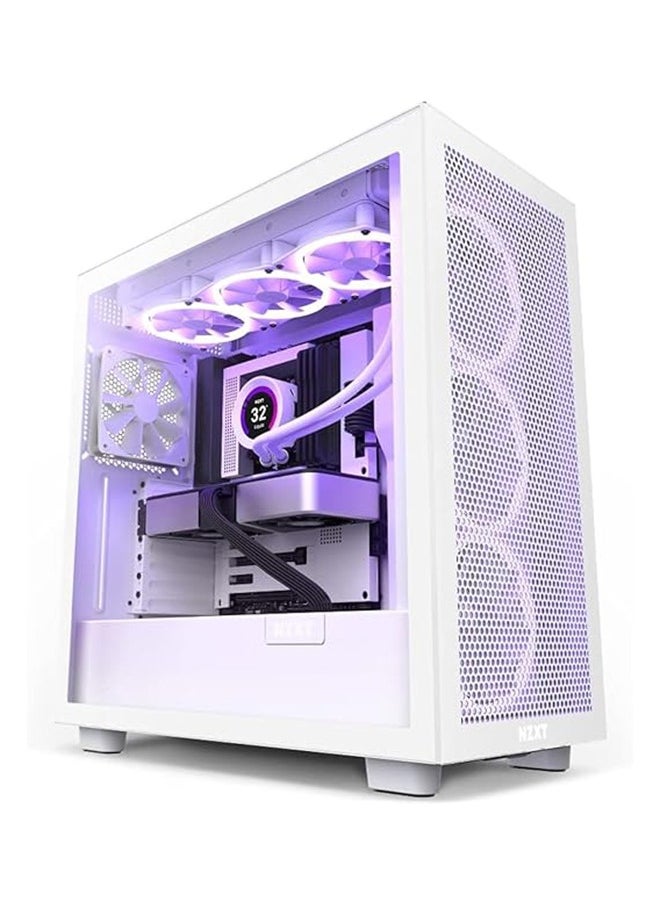NZXT - NZXT H7 Flow - CM-H71FW-01 - ATX Mid Tower PC Gaming Case - Front I/O USB Type-C Port - Quick-Release Tempered Glass Side Panel - Vertical GPU Mount - Integrated RGB Lighting - White - Image 1