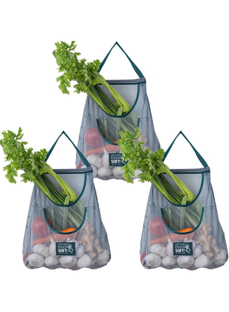 3pcs Hanging Mesh Storage Bags Reusable Produce Bags Dual Pocket Net Bag for Kitchen Fruit Vegetable Garlic Onion Potatoes Tomatoes Storage Bags - Image 1