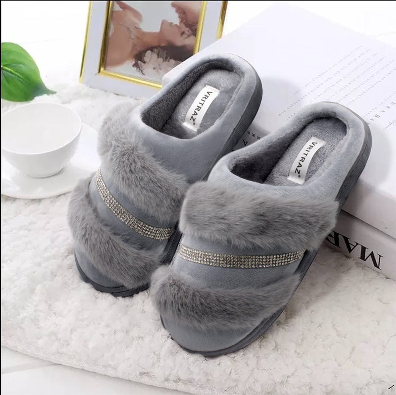 VRITRAZ Women's , Comfort Slip On Closed Toe Warm Winter House Clog Slipper (Grey, UK-6) - Image 2