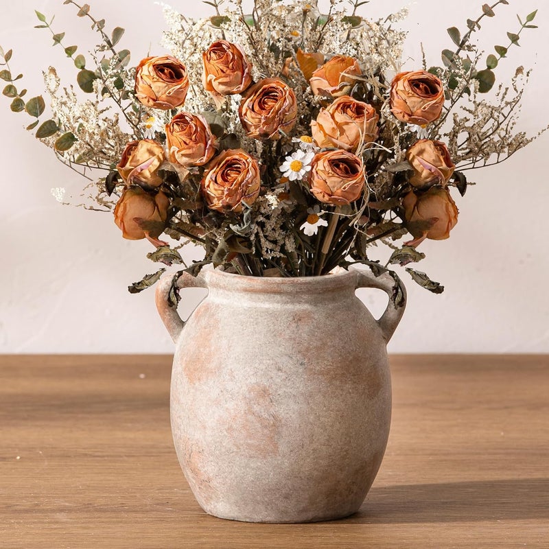 Dobbyby Ceramic Flower Small Vase 6 inch Farmhouse Rustic Vase Decorative Pottery Terracotta Vases for Home Decor Table Mantle Fireplace Living Room Bathroom Wedding Centerpiece - Image 1