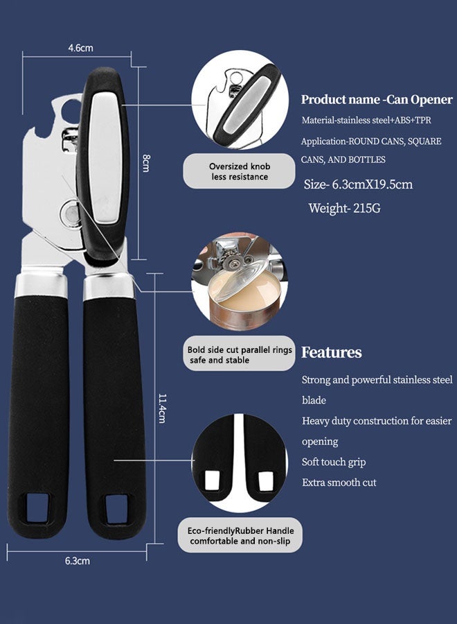 HOOTO Heavy Duty Stainless Steel Smooth Edge Manual Can and Bottle Opener,Soft Comfort Handle, Extra Large Handheld Turn Knob, Multifunctional Kitchen Tool, Black - Image 2