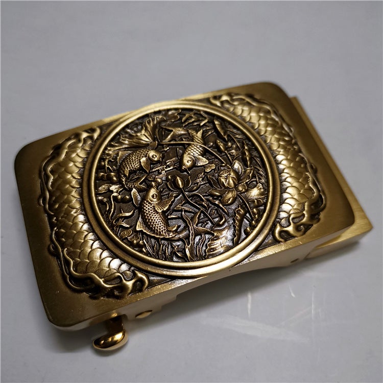 High-End Solid Copper Buckle Belts For Men Automatic Snap Dragon Head Design Durable Wardrobe Staple For Pants And Cardigans Fish play Lotus Pond 