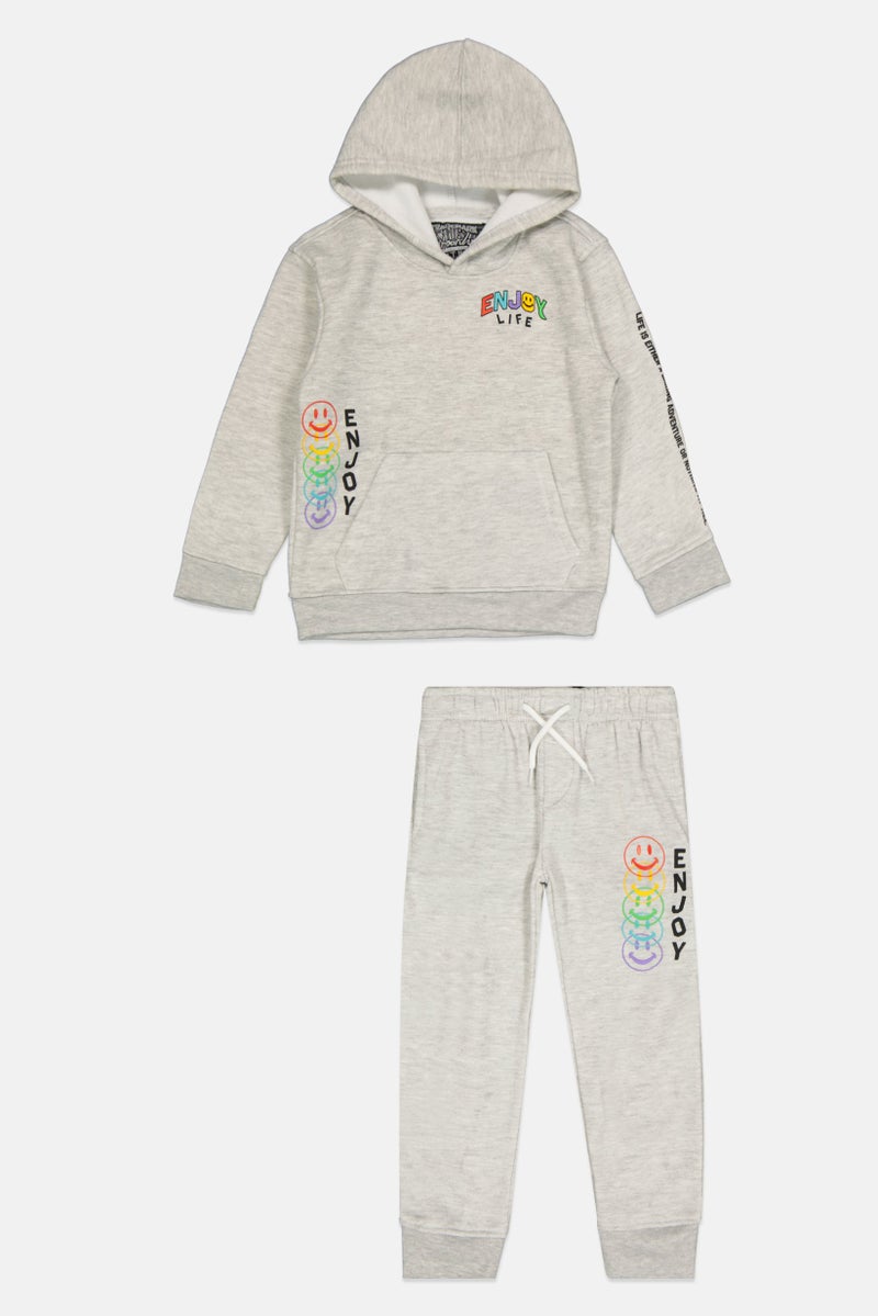 brooklyn Toddlers Boy 2 Piece Hooded Printed Long Sleeve Sweatshirt And Pant, Light Grey  - Image 1