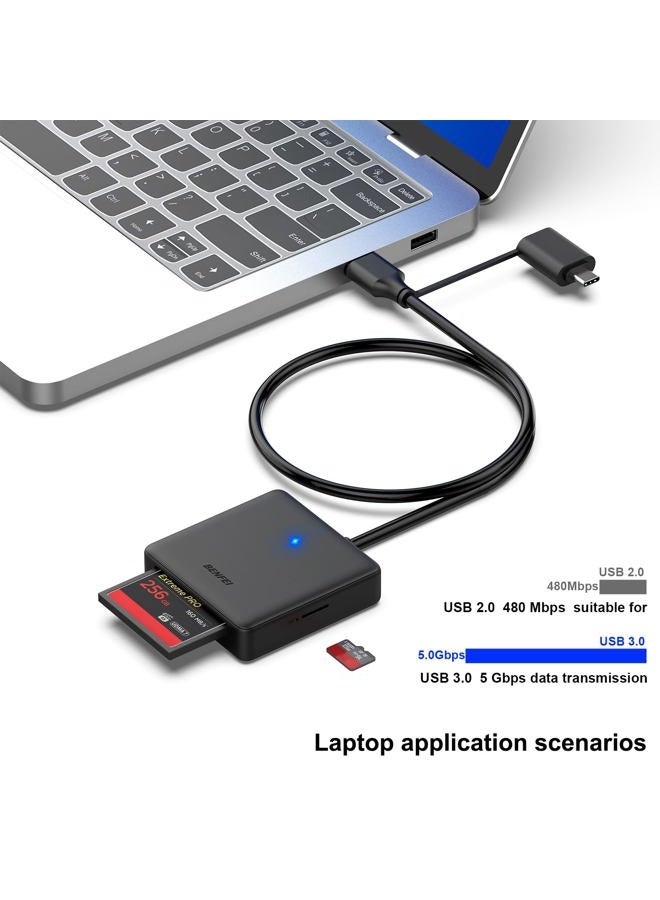 Benfei Memory Card Reader, BENFEI 4in1 USB 3.0 and USB-C to SD Micro SD MS CF Card Reader Adapter, 4 Cards Simultaneously Read and Write, Compatible with iPhone 15 Series, MacBook Pro/Air 2023, and More - Image 2