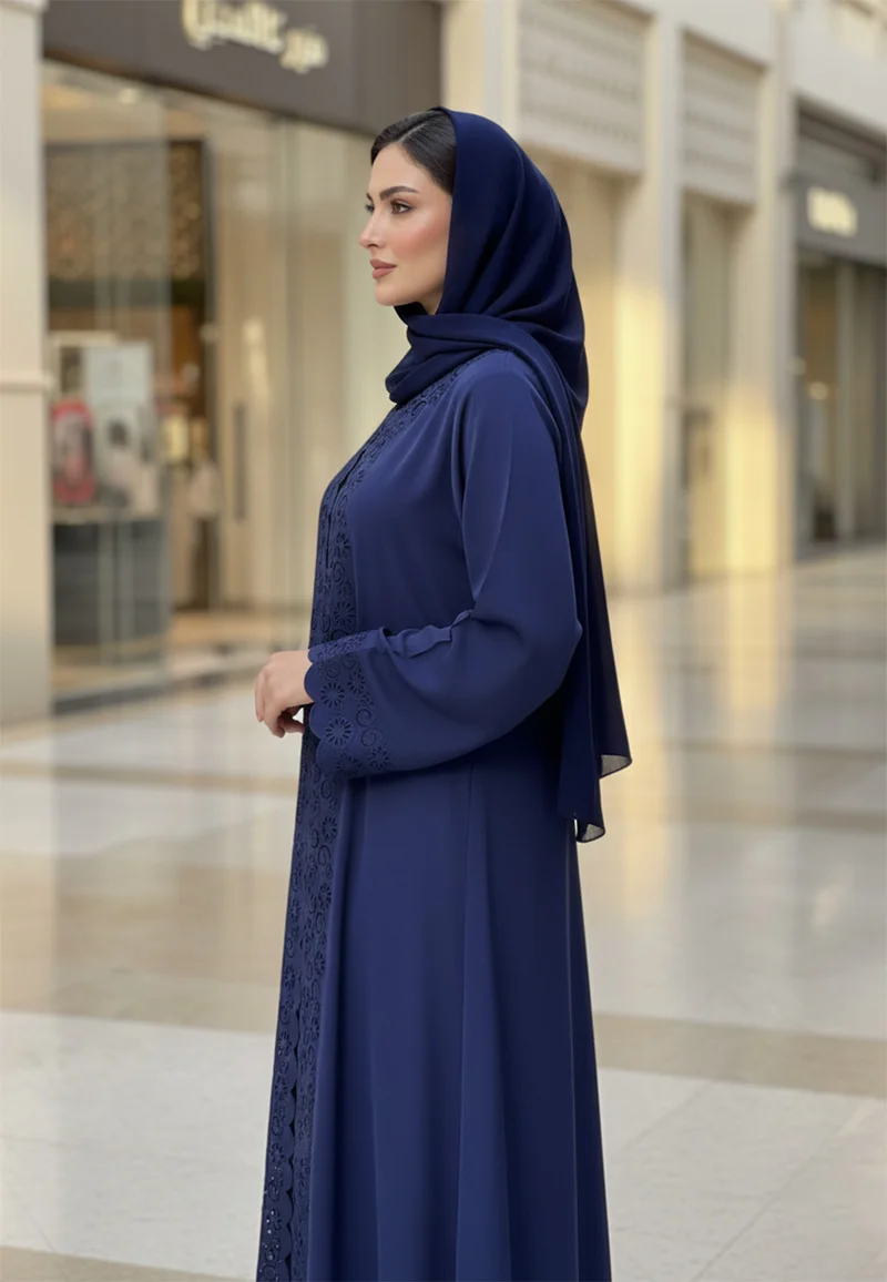 NUKHBAA  Deep Navy Blue Abaya with Laser-Cut Detailing | Premium Nida Fabric-799 for Women | Best Price UAE