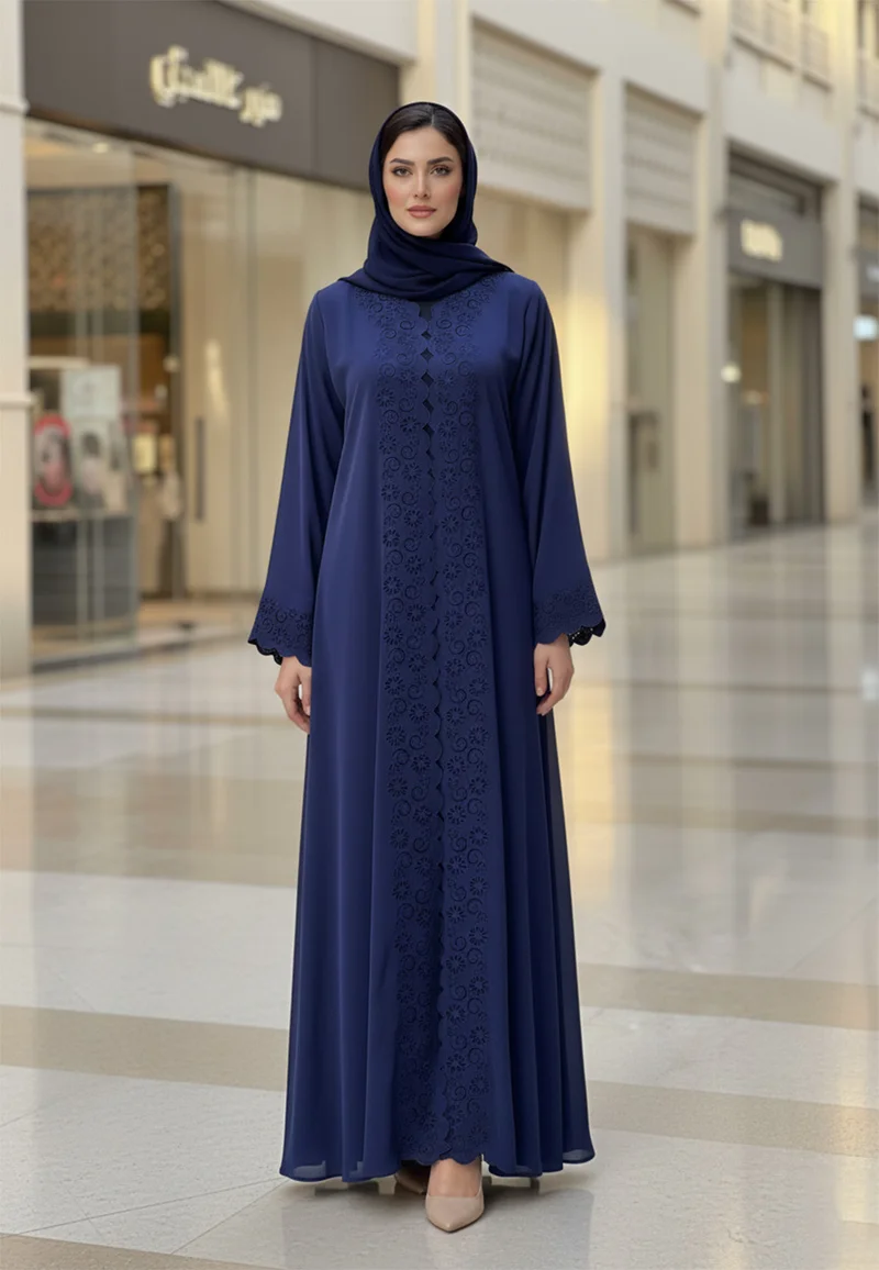NUKHBAA Deep Navy Blue Abaya with Laser-Cut Detailing | Premium Nida Fabric-799