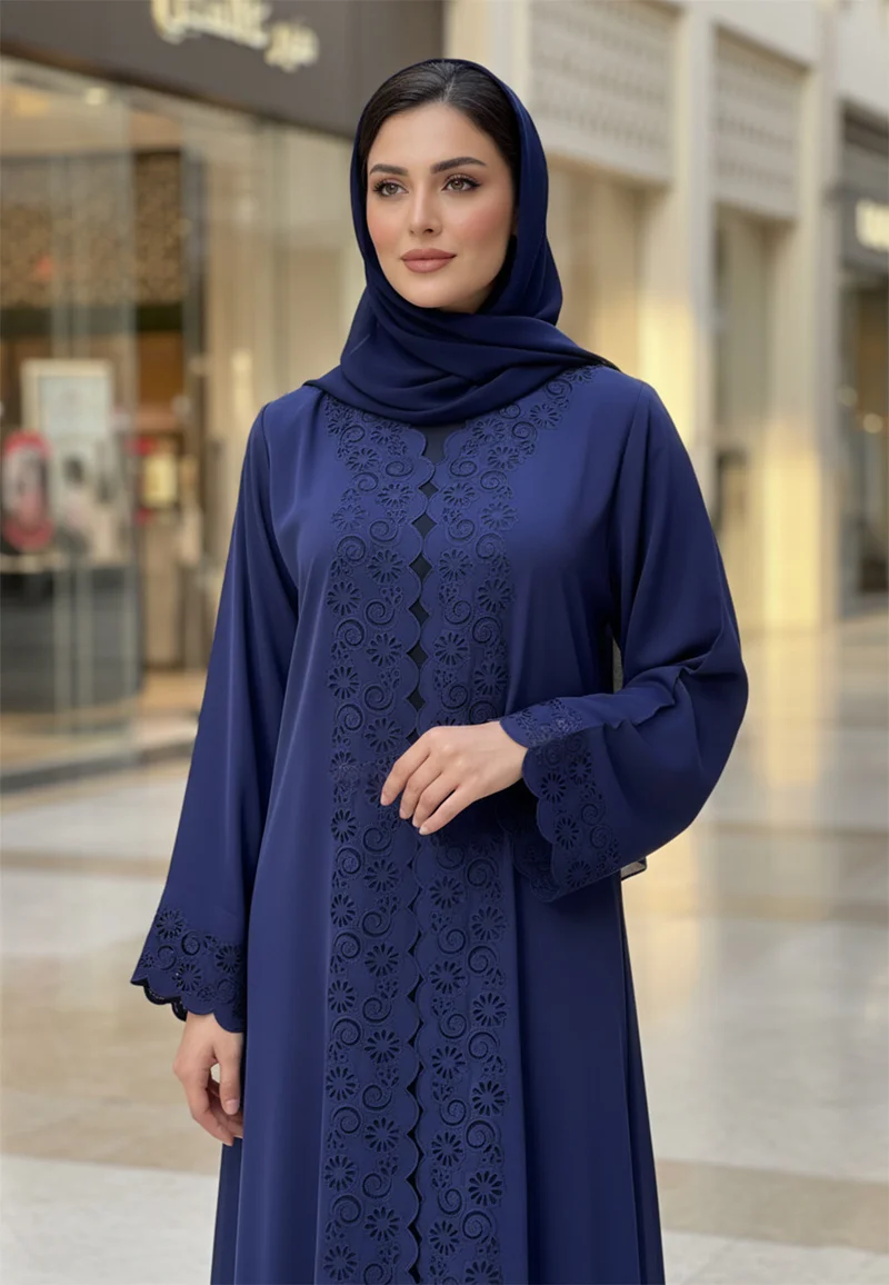 NUKHBAA  Deep Navy Blue Abaya with Laser-Cut Detailing | Premium Nida Fabric-799 for Women | Best Price UAE