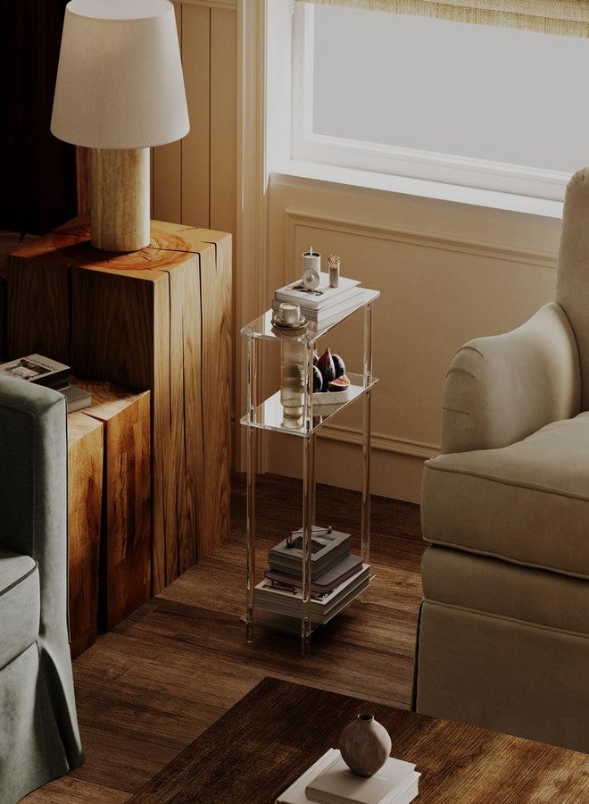 HMYHUM Acrylic Narrow Side Table for Small Spaces, 7" Wide Skinny Nightstand/Bedside Table for Bedroom, Slim Small End Table, 3 Tier, 15.7" L x 22.9" H, Clear - Image 2