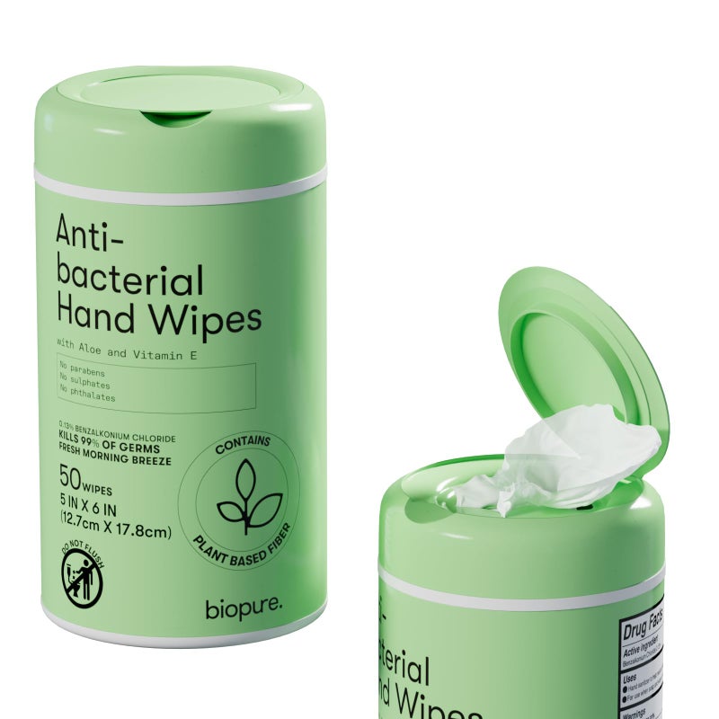 Biopure Antibacterial Hand Wipes Fresh Morning Breeze- Antibacterial Wipes with Aloe and Vitamin E Formula | 5"x7" Wet Wipes Canister | No Parabens, Sulfates or Phthalates, Kills 99% of Germs, 50 ct - Image 1