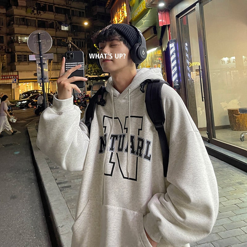 Coat winter mens sweater pullover versatile autumn and winter fleece-lined letters Hong Kong style hooded ins thickened trendy clothes Gray - Image 4