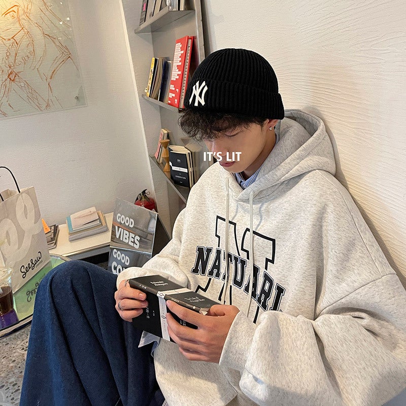 Coat winter mens sweater pullover versatile autumn and winter fleece-lined letters Hong Kong style hooded ins thickened trendy clothes Gray - Image 2