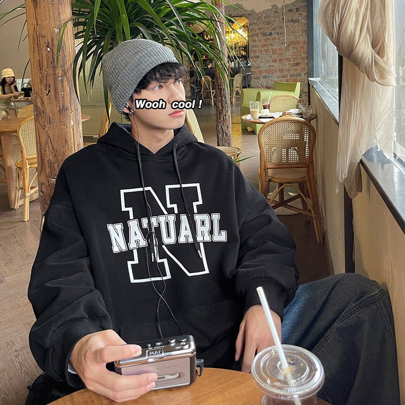 Coat winter mens sweater pullover versatile autumn and winter fleece-lined letters Hong Kong style hooded ins thickened trendy clothes Gray - Image 3