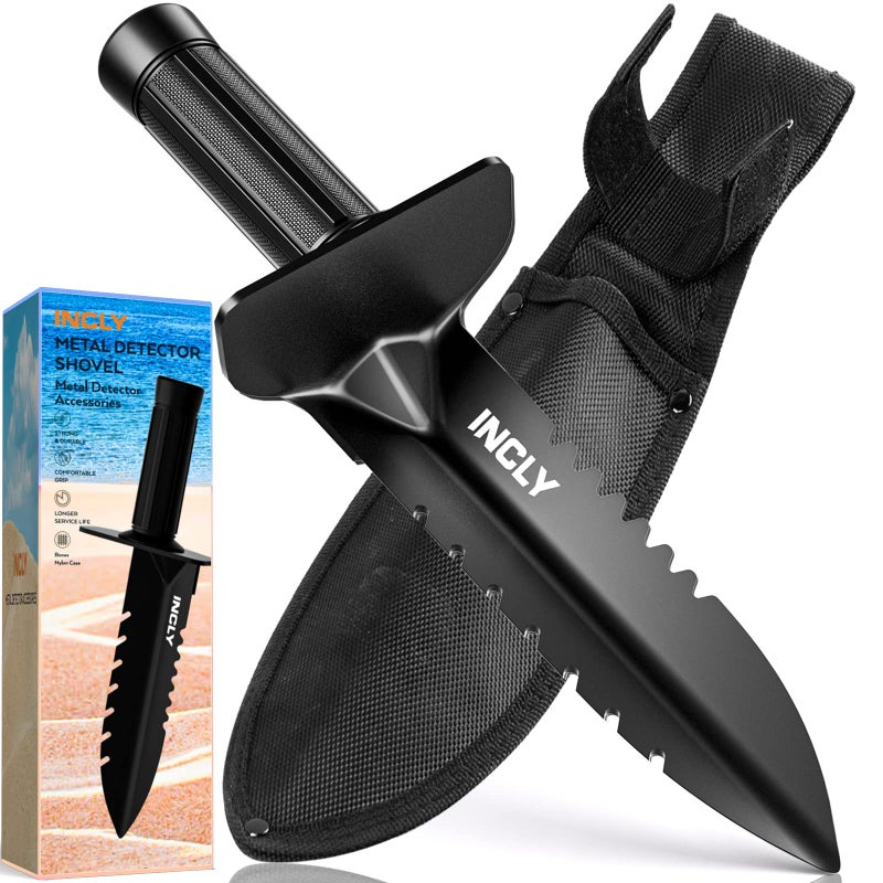 INCLY Metal Detector Shovel, Heavy Duty Double Serrated Edge Digger, Detecting Digging Tool with Sheath for Belt Mount, Gardening & Detecting Accessories for Metal Detection Digging Weeding Planting - Image 1