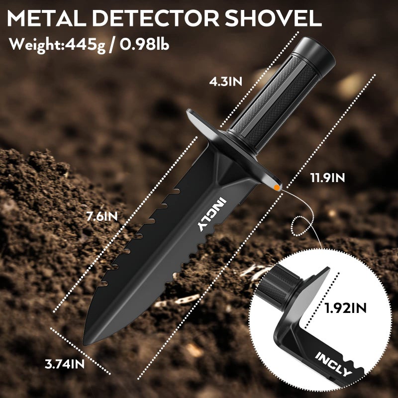 INCLY Metal Detector Shovel, Heavy Duty Double Serrated Edge Digger, Detecting Digging Tool with Sheath for Belt Mount, Gardening & Detecting Accessories for Metal Detection Digging Weeding Planting - Image 3