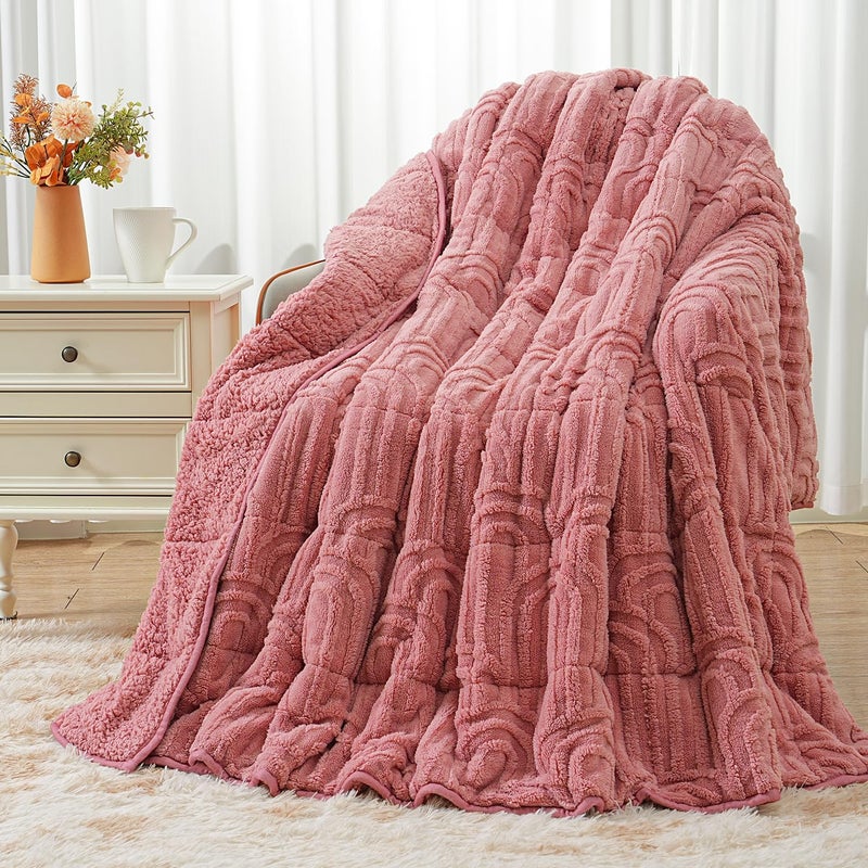 Wemore Jacquard Fleece Weighted Blanket Queen Size 60" x 80" 20lbs, Ultra Soft Cozy Sherpa Weighted Blankets for Adults, Ultra Fuzzy Heavy Blanket for Sleep, Fluffy Warm Throw for Bed, Apricot Pink - Image 1