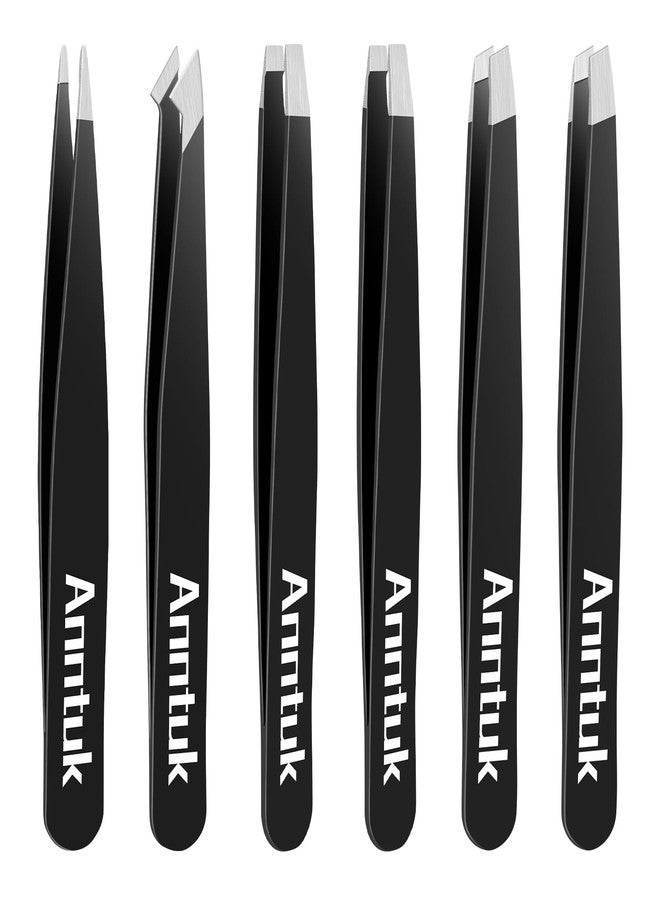 Tweezers for Women Facial Hair, 6 Pcs Tweezers for Eyebrows, Stainless Steel Precision Eyebrow Tweezers for Splinter, Blackhead and Ingrown Hair Removal with Leather Travel Case, Matte Black