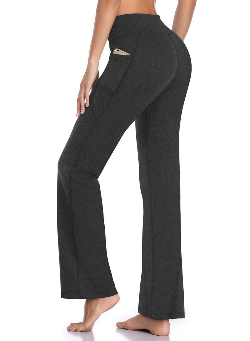HISKYWIN Side Pockets Yoga Pants 4 Way Stretch Tummy Control Workout Running Pants, Long Bootleg Flare Pants HF201-Charcoal-XL - Image 1