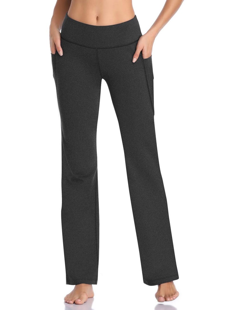 HISKYWIN Side Pockets Yoga Pants 4 Way Stretch Tummy Control Workout Running Pants, Long Bootleg Flare Pants HF201-Charcoal-XL - Image 2