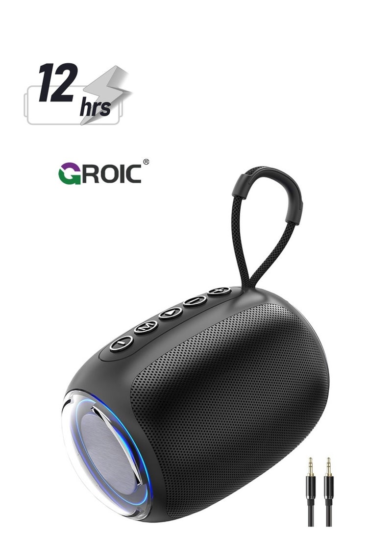 GROIC Black Portable Bluetooth Speaker with 3.5mm AUX Input, AUX Line-in Speaker for PC, Tablet, Phone, MP3 Player, 12 Hours Playtime, Built-in Microphone, Support Bluetooth/TF Card/USB Drive Playback  - Image 1