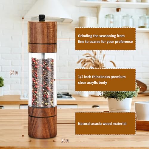 XWXO Acacia Wood Salt Grinder and Pepper Grinder Set Premium Acrylic Salt and Pepper Mill Set, Manual Salt and Pepper Mills- Wooden Shakers with Adjustable Ceramic Core 8 Inches 2 Pack - Image 2