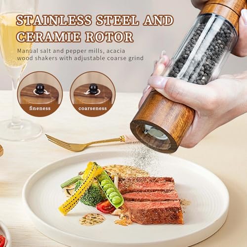 XWXO Acacia Wood Salt Grinder and Pepper Grinder Set Premium Acrylic Salt and Pepper Mill Set, Manual Salt and Pepper Mills- Wooden Shakers with Adjustable Ceramic Core 8 Inches 2 Pack - Image 5
