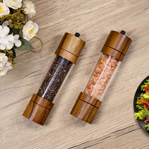 XWXO Acacia Wood Salt Grinder and Pepper Grinder Set Premium Acrylic Salt and Pepper Mill Set, Manual Salt and Pepper Mills- Wooden Shakers with Adjustable Ceramic Core 8 Inches 2 Pack - Image 3