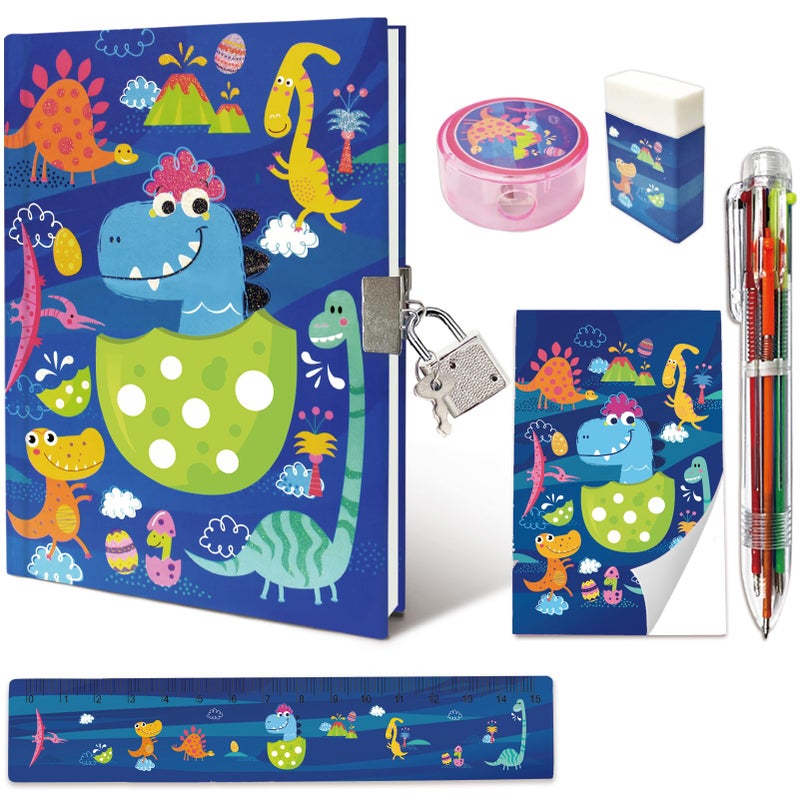 GINMLYDA Boys Diary with Lock Dinosaur Secret Diary Set Incl Kids Lockable Journal Memo 6Multicolor Pen Ruler Eraser Sharpener Writing Notebook Gift for Boys 610 - Image 2
