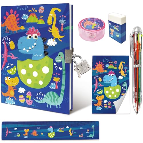 GINMLYDA Boys Diary with Lock Dinosaur Secret Diary Set Incl Kids Lockable Journal Memo 6Multicolor Pen Ruler Eraser Sharpener Writing Notebook Gift for Boys 610 - Image 1