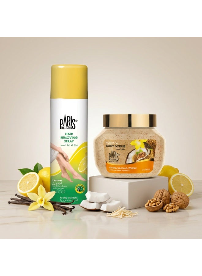Paris Collection Smooth Skin Combo – Lemon Hair Removing Spray 150ml + Vanilla Coconut Walnut Body Scrub 500ml | Hair Removal & Exfoliating Body Care Duo - Image 2