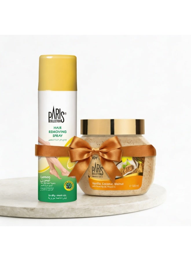 Paris Collection Smooth Skin Combo – Lemon Hair Removing Spray 150ml + Vanilla Coconut Walnut Body Scrub 500ml | Hair Removal & Exfoliating Body Care Duo - Image 1