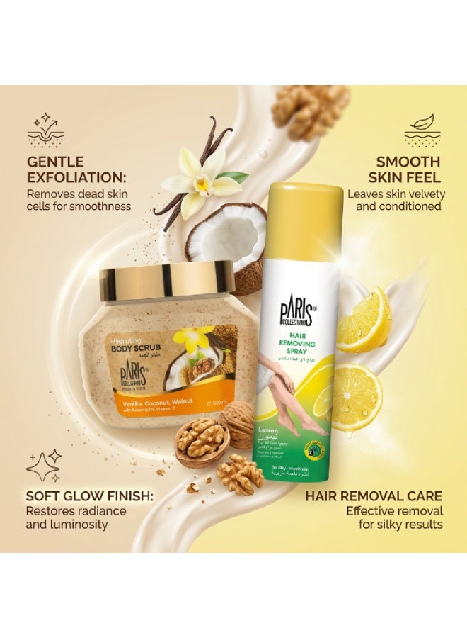 Paris Collection Smooth Skin Combo – Lemon Hair Removing Spray 150ml + Vanilla Coconut Walnut Body Scrub 500ml | Hair Removal & Exfoliating Body Care Duo - Image 3