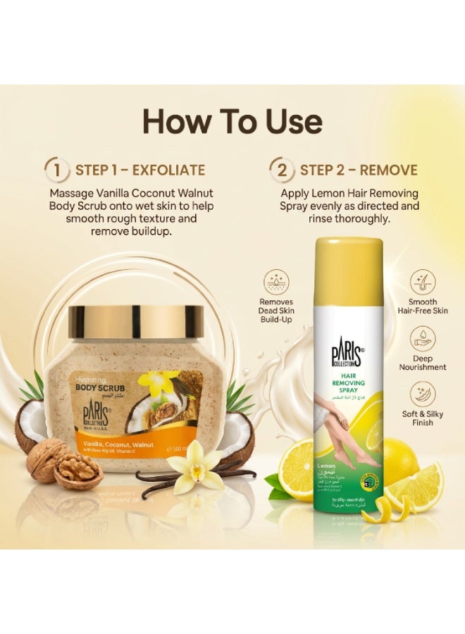 Paris Collection Smooth Skin Combo – Lemon Hair Removing Spray 150ml + Vanilla Coconut Walnut Body Scrub 500ml | Hair Removal & Exfoliating Body Care Duo - Image 4