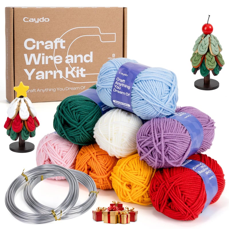 Caydo Aluminum Craft Wire and Acrylic Yarn Skeins Kit iCord Knitting Kits for Beginner for DIY Handicraft Making 8x25g Yarn 2 Roll 5M x 3 mm Wire