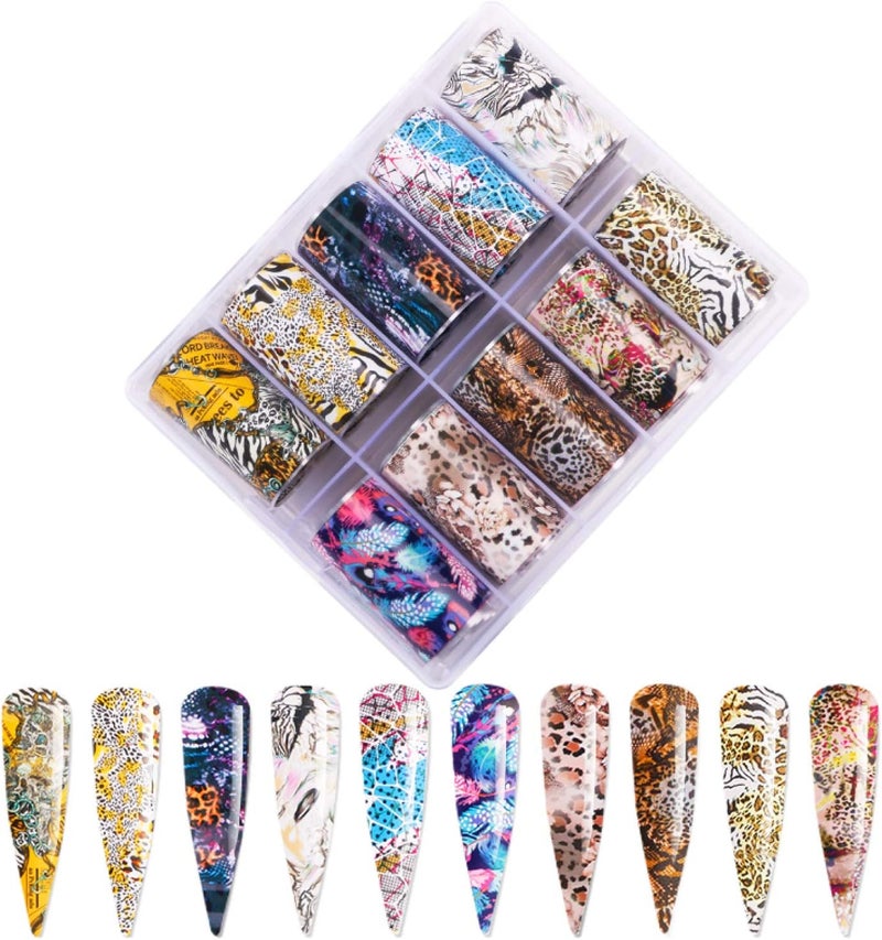 GOGOONLY 10 Rolls Nail Foil Transfers Stickers Peacock Leopard Tiger Animal Pattern Laser Nail Art DIY Designs Decals Decoration Manicure - BH000983