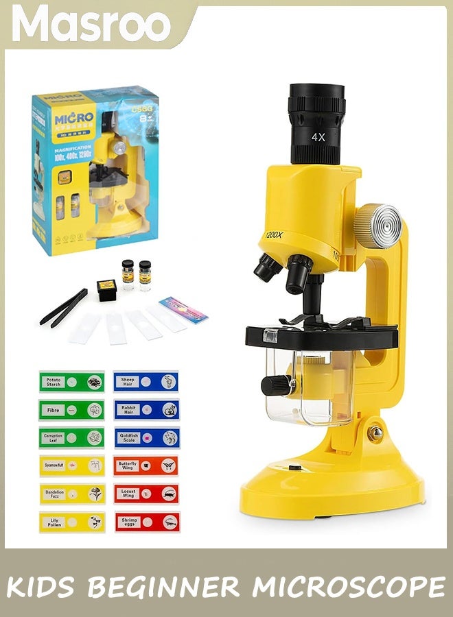 Masroo Science Kits for Kids Beginner Microscope with LED 100X 400X and 1200X-Include Sample Prepared Slides 12pc- Educational Toy Birthday Valentine's Day Gift Yellow - Image 1