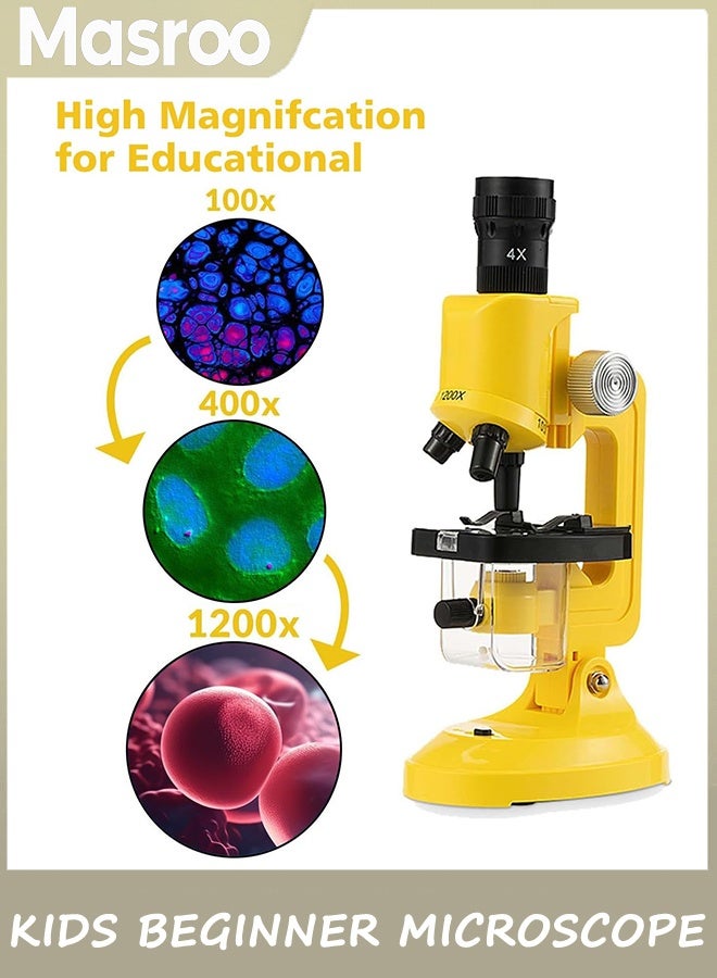 Masroo Science Kits for Kids Beginner Microscope with LED 100X 400X and 1200X-Include Sample Prepared Slides 12pc- Educational Toy Birthday Valentine's Day Gift Yellow - Image 4